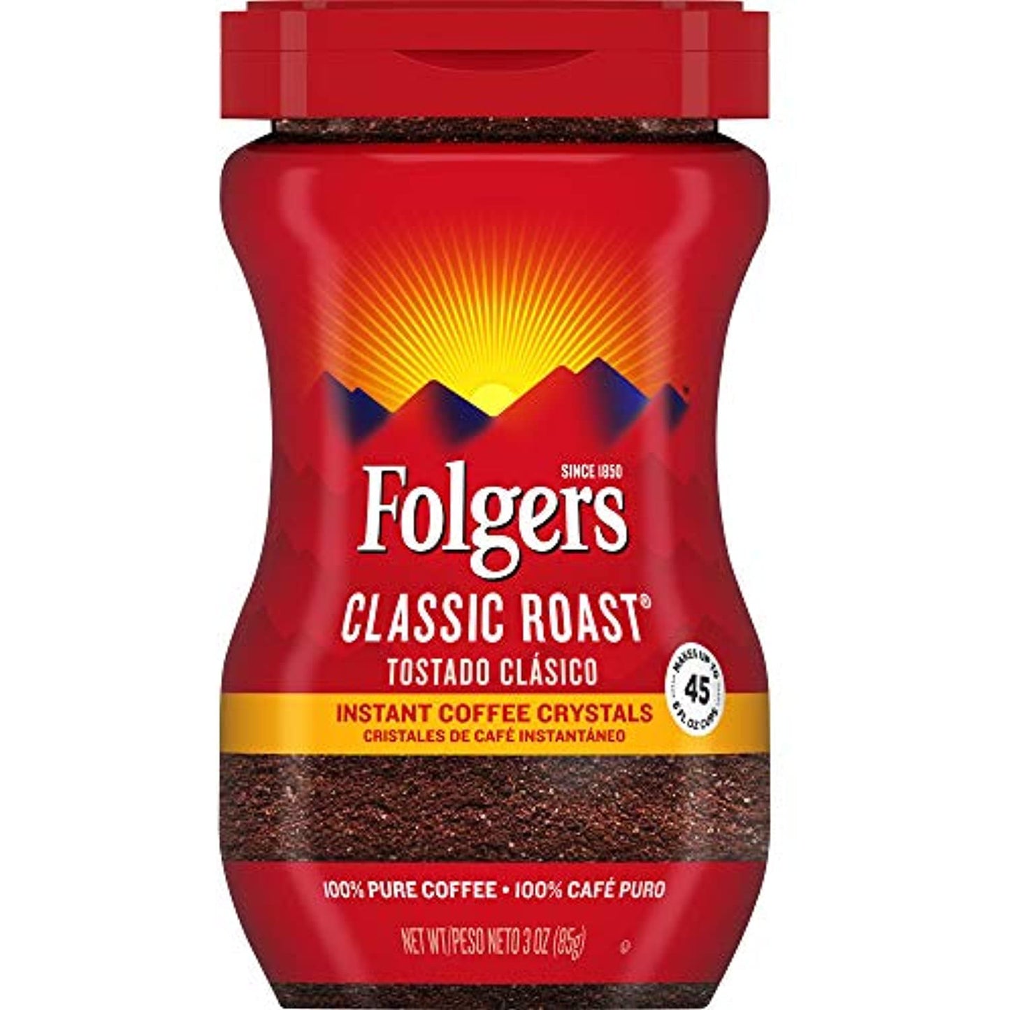 Folgers Classic Roast Instant Coffee Crystals, 3 Ounces (85g)