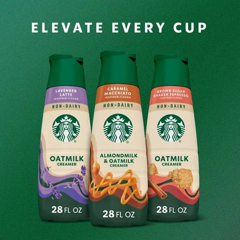 Starbucks Caramel Flavored Almond milk and Oat milk Non Dairy Liquid Coffee Creamer, 28 fl oz