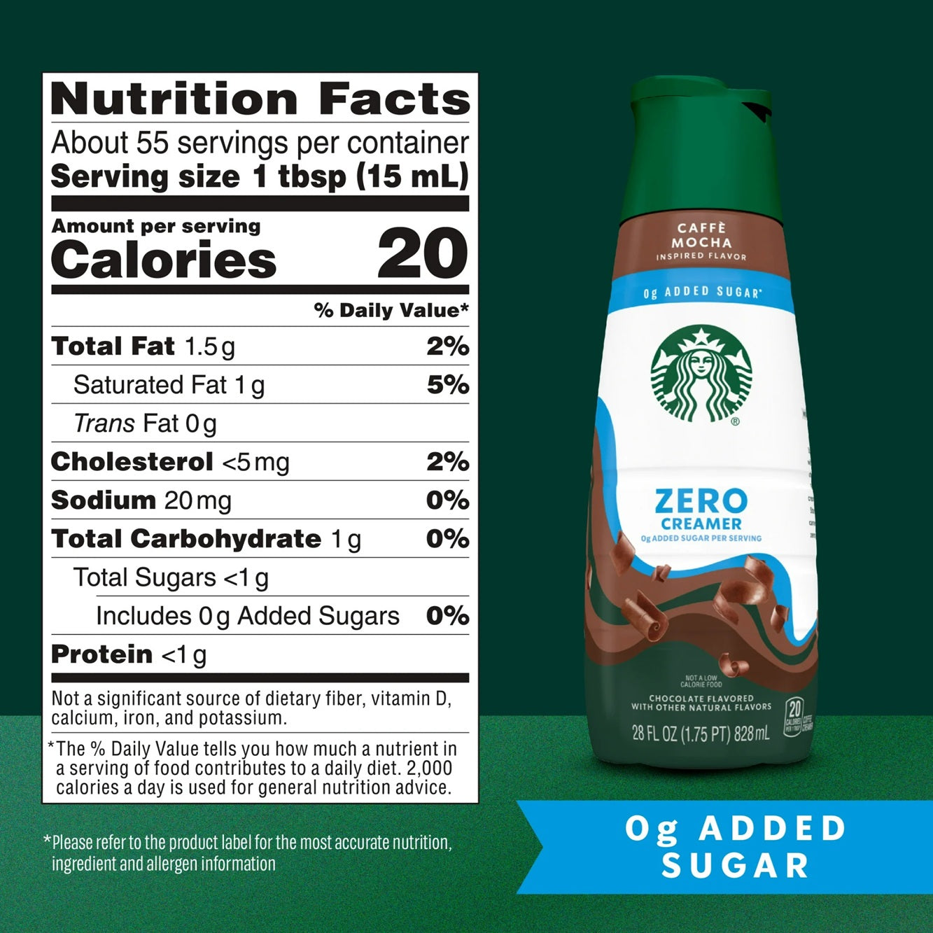 Starbucks Zero Sugar Chocolate Flavored Coffee Creamer, Inspired by Caffe Mocha, 28 fl oz Bottle