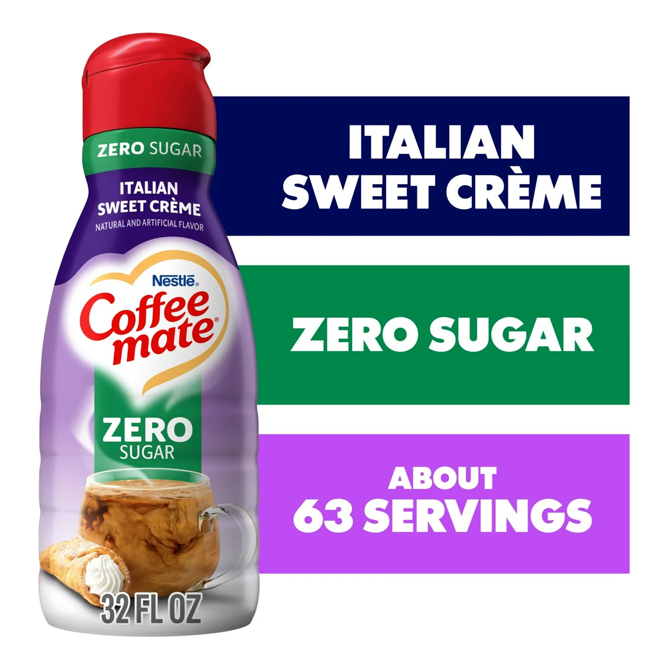 Nestle Coffee Mate Non Dairy Zero Sugar Italian Sweet Creme Liquid Coffee Creamer Sugar Free, 32 fl oz Bottle