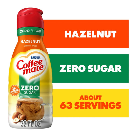 Nestle Coffee Mate Zero Sugar Hazelnut Liquid Coffee Creamer, 32 fl oz Bottle