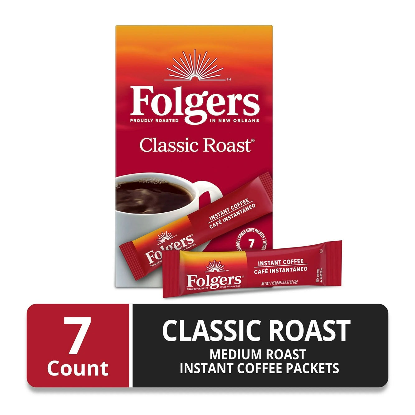 Folgers Classic Roast Instant Coffee, Single Serve Packets, 7ct