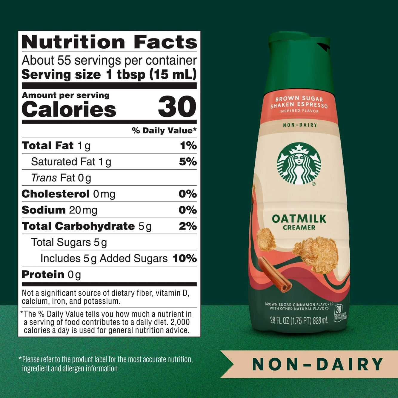 Starbucks Non-Dairy Brown Sugar Cinnamon Flavored Creamer, Oatmilk Coffee Creamer, Inspired by Brown Sugar Shaken Espresso 28 fl oz