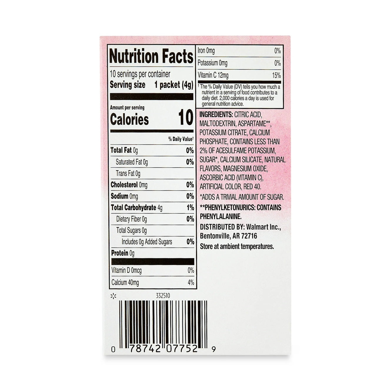 Great Value Sugar-Free Pink Lemonade Drink Mix, 0.14 oz, 10 Sachet
