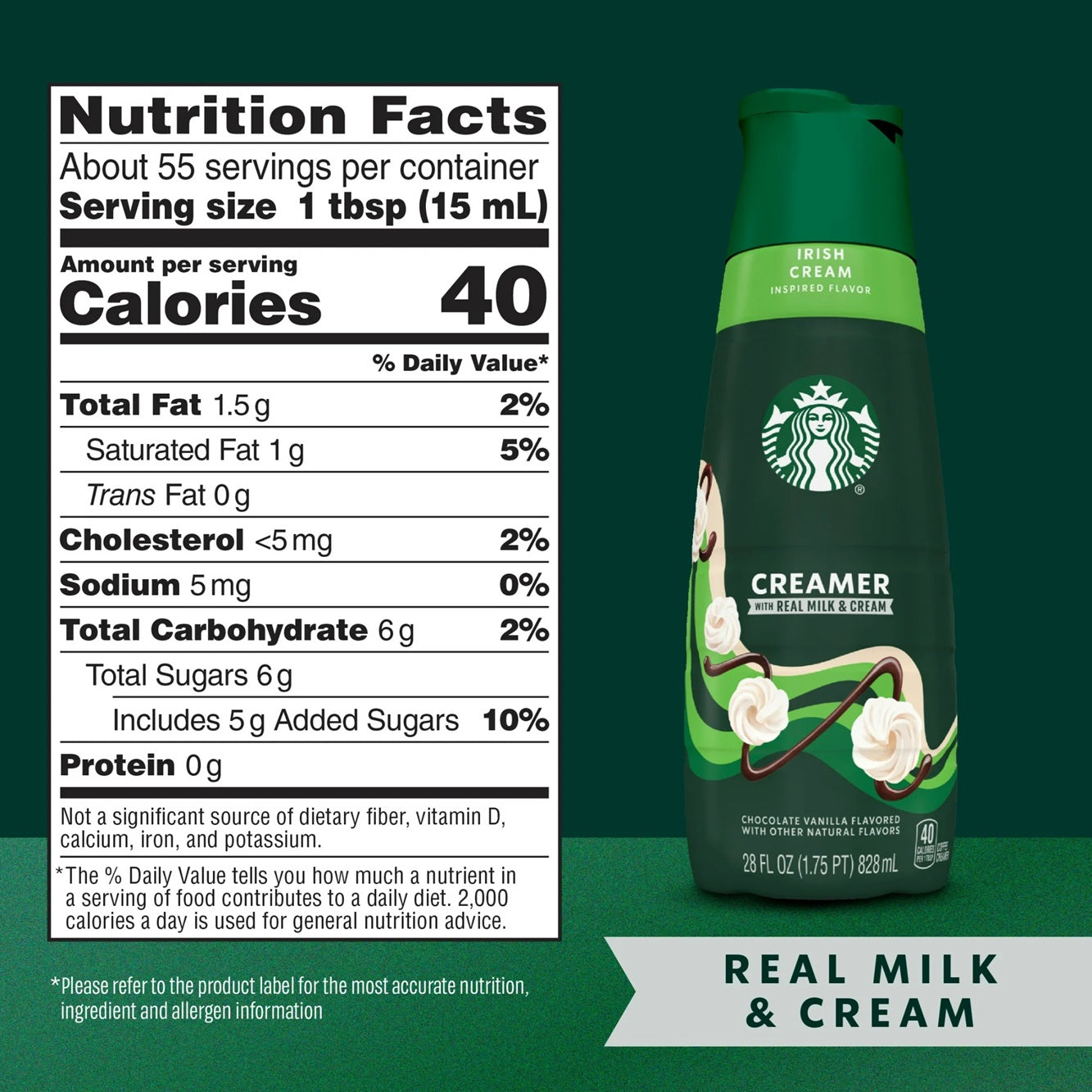Starbucks Irish Cream Coffee Creamer, Chocolate & Vanilla Flavored Liquid Creamer with other natural flavors, 28 fl oz bottle
