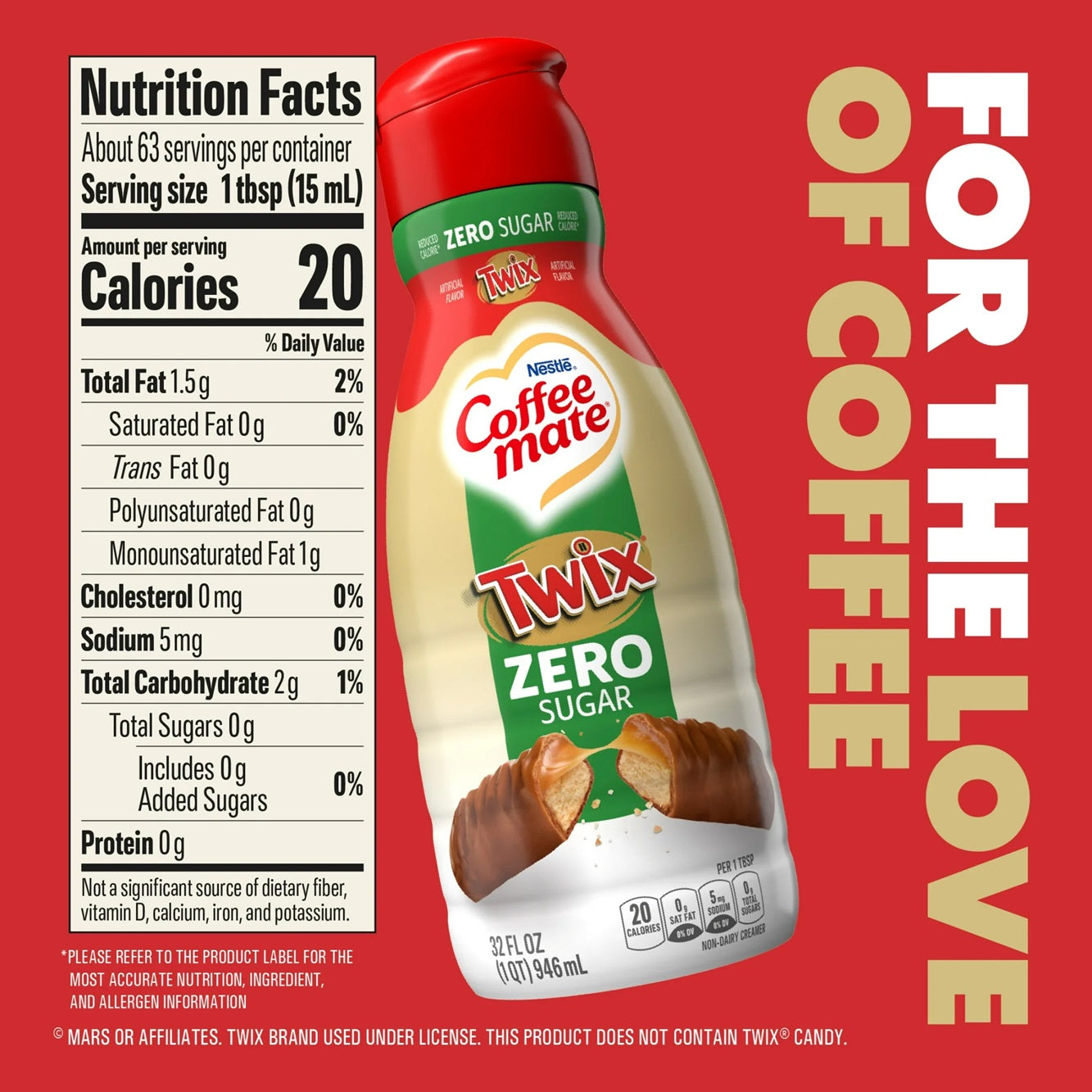 Coffee mate Twix Flavored Coffee Creamer, Zero Sugar, Gluten-Free Creamer, 63 Servings 32 fl oz