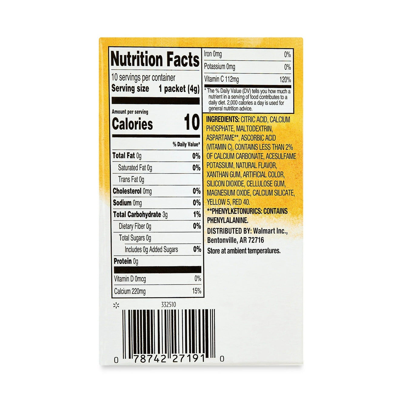 Great Value Sugar-Free Orange Early Rise Drink Mix, 0.14 oz, 10 Count