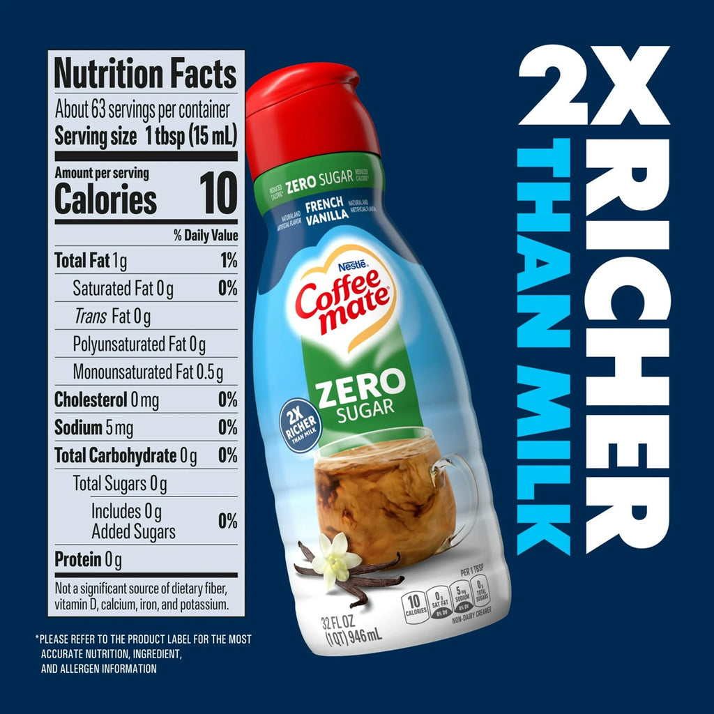 Coffee mate French Vanilla Flavored Coffee Creamer, Zero Sugar, Gluten-Free, 63 Servings 32 fl oz
