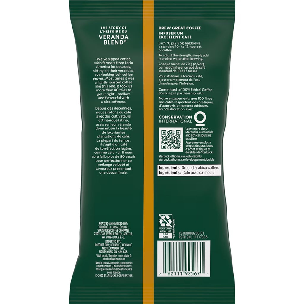 Starbucks Veranda Premium Blonde Ground Roast Coffee, 2.5 Oz (1 Sachet )