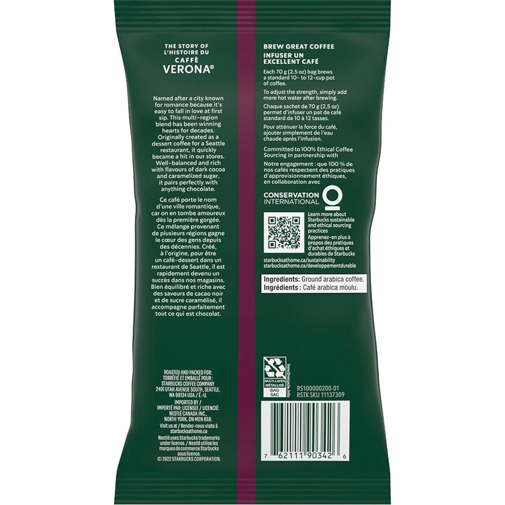 Starbucks Caffe Verona Premium Dark Ground Roast Coffee, 2.5 Oz (1 Sachet )