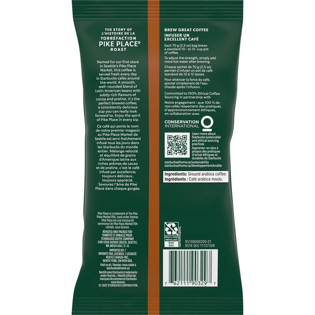 Starbucks Pike Place Premium Medium Ground Roast Coffee, 2.5 Oz (1 Sachet )